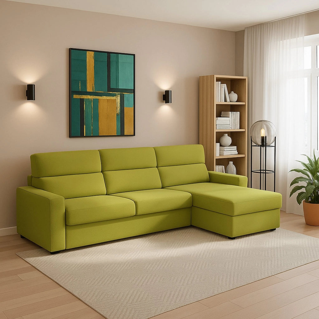 Vigonovo, Divano Fisso con Penisola Sfoderabile Made in Italy, 280x160 cm Verde
