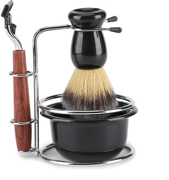 Set di spazzole da barba 4 pezzi - Raschietto in legno - Supporto per spazzola in acciaio inossidabile - Spazzola da barba - Set di spazzole per peli facciali - Sensazione di comfort durante l'uso - Kit da barba