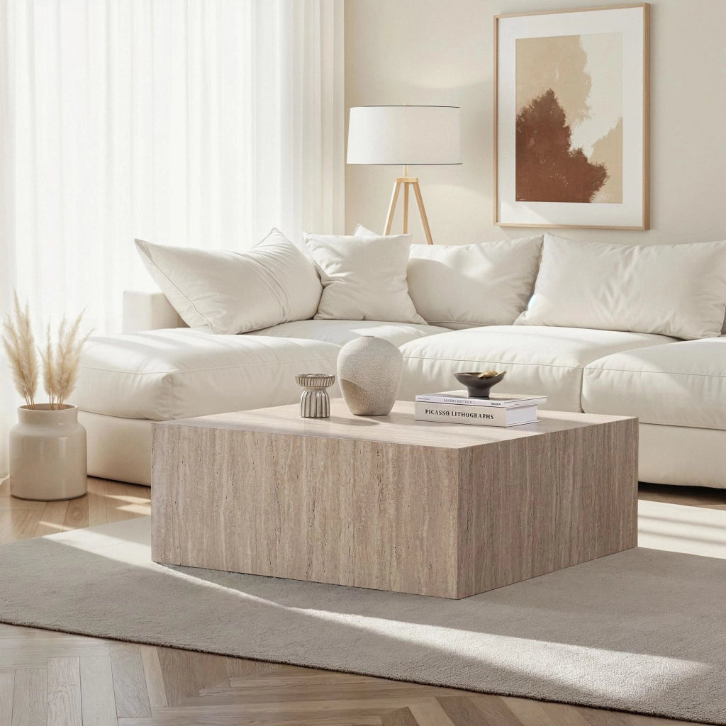 Nofaraka, Tavolino da Salotto Forma Rettangolare, 90x90x35h cm Bianco Marmo