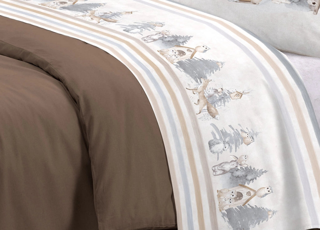 Completo Lenzuola Letto Pensieri Delicati 100% Cotone Disegno Gufi - Singolo - Beige