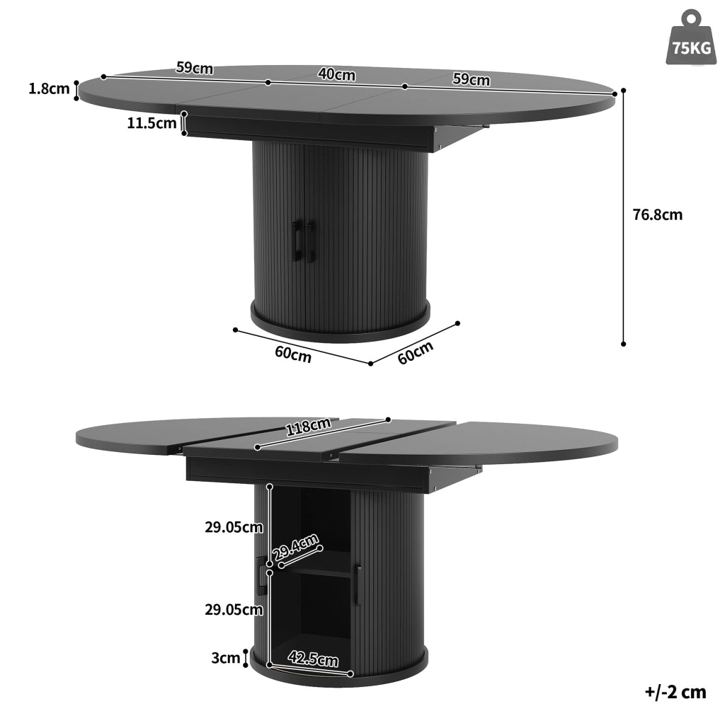 Tavolo da pranzo allungabile nero con contenitore, 118-158 cm