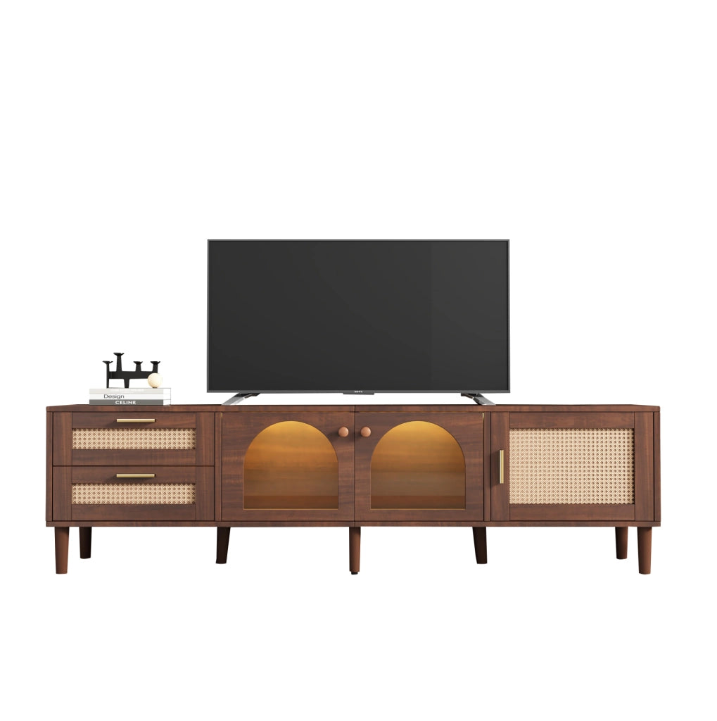 Mobile TV 180x40x50 cm con 2 cassetti in rattan e illuminazione LED in pannello truciolare marrone