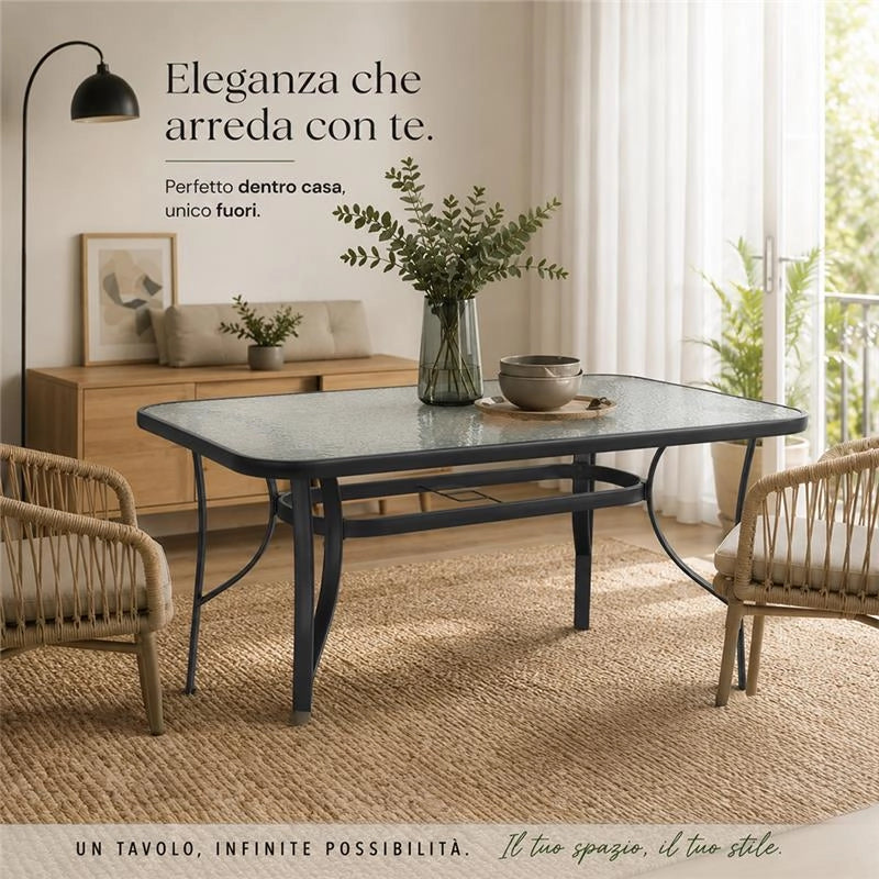 TAVOLO RETTANGOLARE DA GIARDINO CON FORO OMBRELLONE E PIANO IN VETRO - DIMENSIONI  120X70 CM