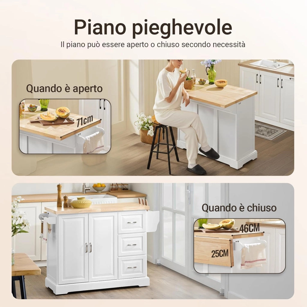 isola cucina con piano di lavoro in legno massello allungabile carrello da cucina con ruote mobile cucina con 3 cassetti Bianco 130x91x(46-71) cm FKW41-II-WN