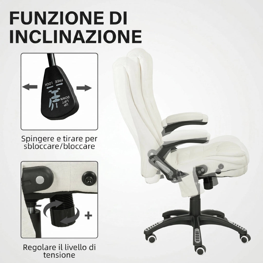 Sedia da Ufficio 68x72x110-120 cm Reclinabile Massaggiante Telecomando in Tessuto Effetto Lino Crema