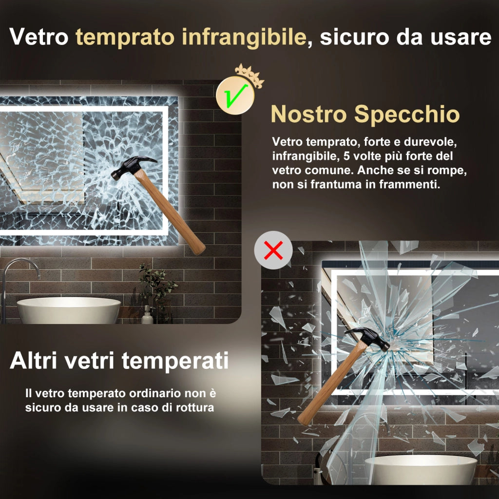 specchio rettangolare 120 x 80 cm con luce led antiappannamento e touch, 3 colori