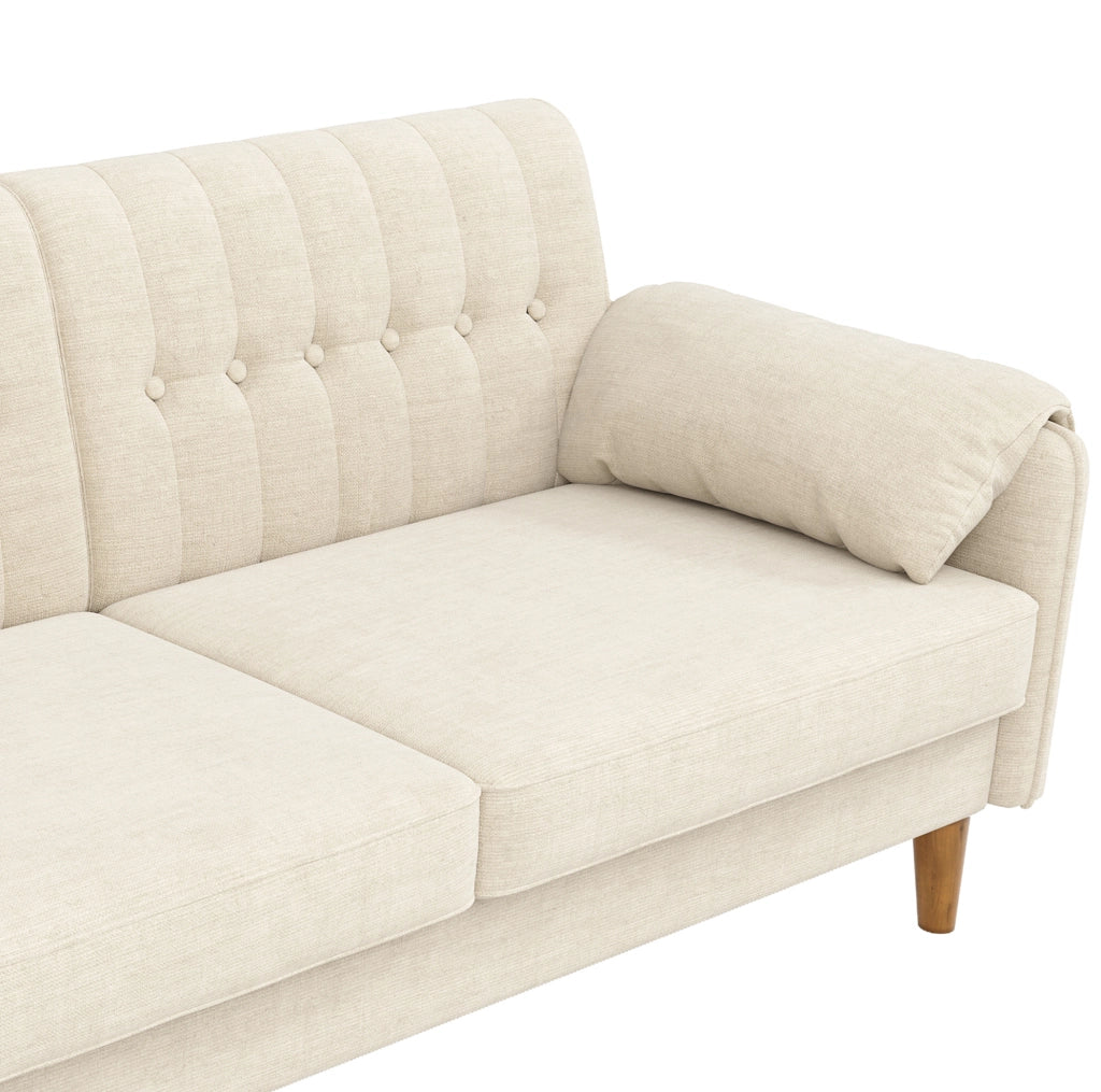 Divano a 2 posti in ciniglia beige con cuscini bracciolo; tasche laterali e gambe in legno; 161;5 cm