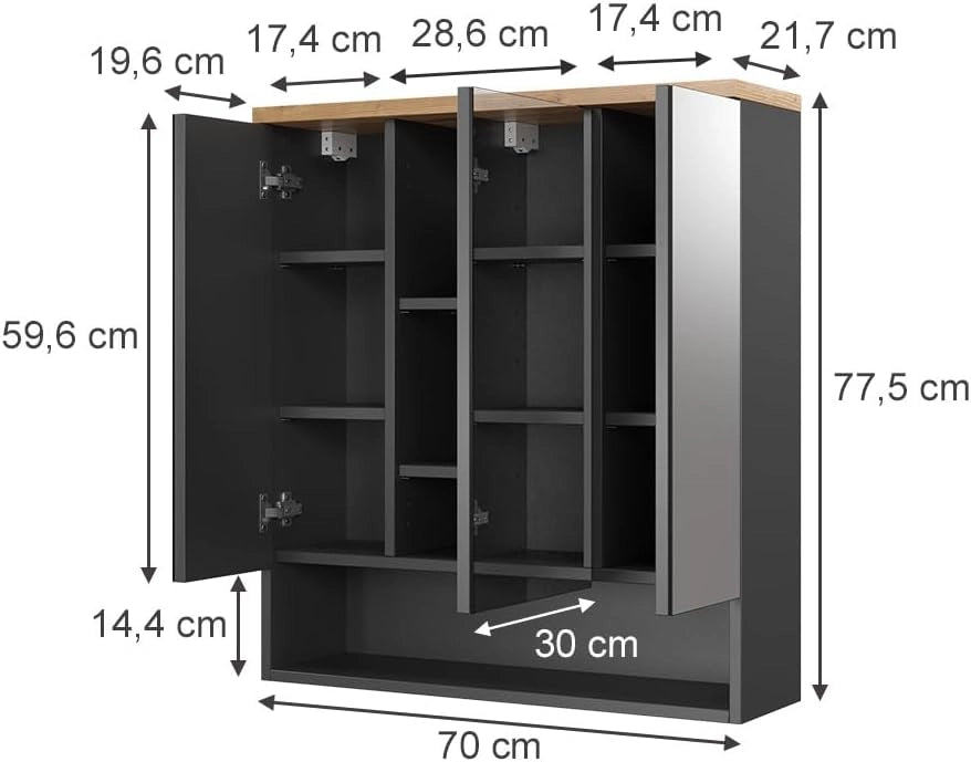 Specchio contenitore bagno Eden, Antracite, 70 x 77.5 cm, per montaggio a parete con suddivisione interna variabile