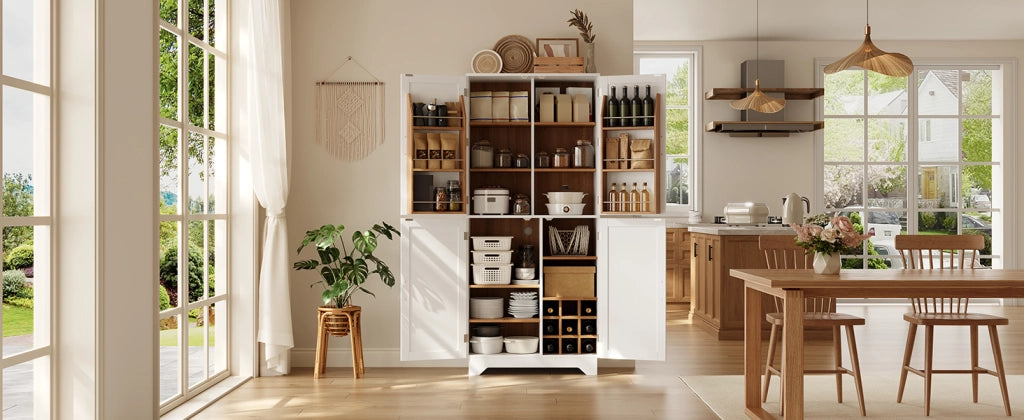 Mobile contenitore cucina alto 80×40×180 cm, 4 ante stile granaio, portabottiglie, MDF bianco/naturale