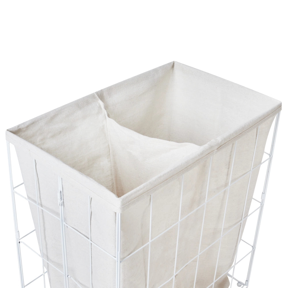 Cesto portabiancheria in metallo con coperchio rimovibile in bambù bianco e legno chiaro stile moderno