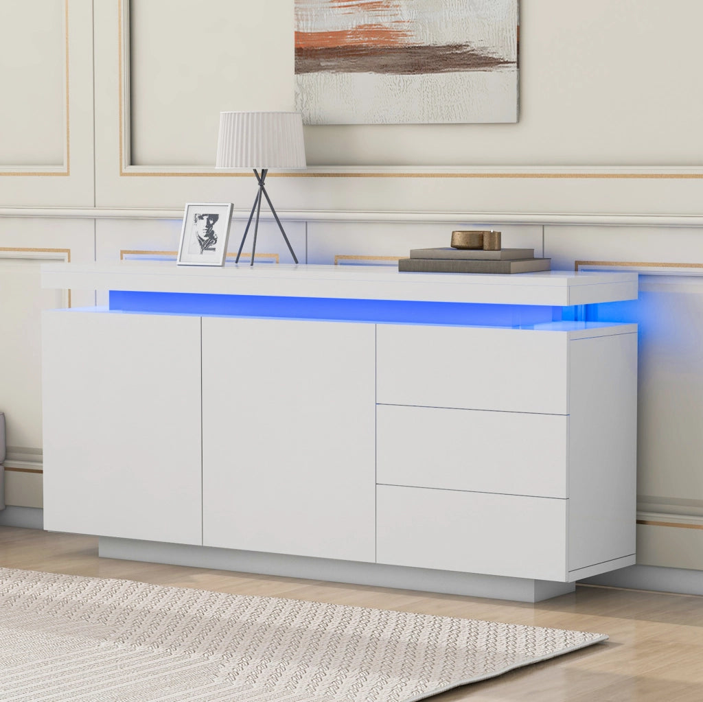 Credenza 140x35x72.5 cm con LED; 2 ante e 3 cassetti; bianco