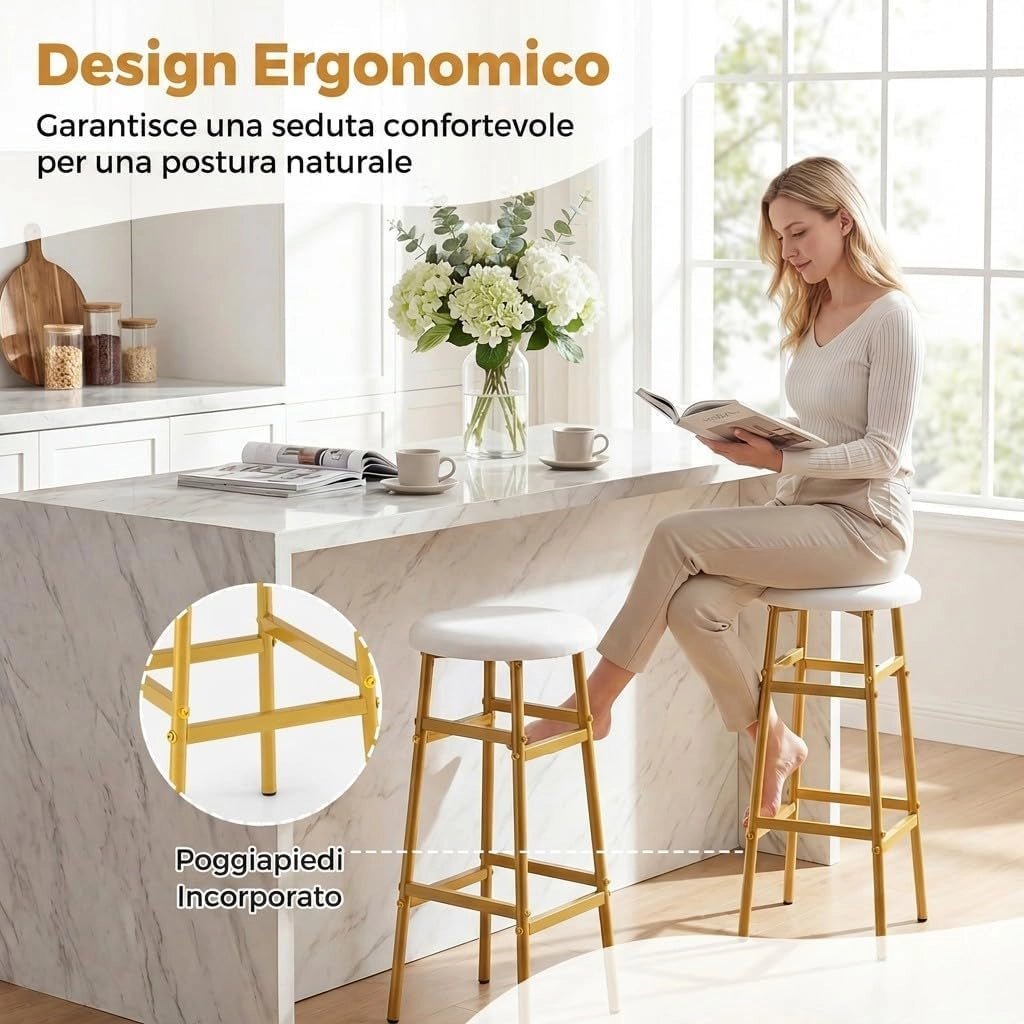 Set di 2 Sgabelli Alti Rotondi da Bar (Bianco) | Sgabelli con Seduta Imbottita, Pioggiapiedi Ergonomico, Portata 150 kg per Cucina e Sala da Pranzo, 33,5 x 33,5 x 73 cm