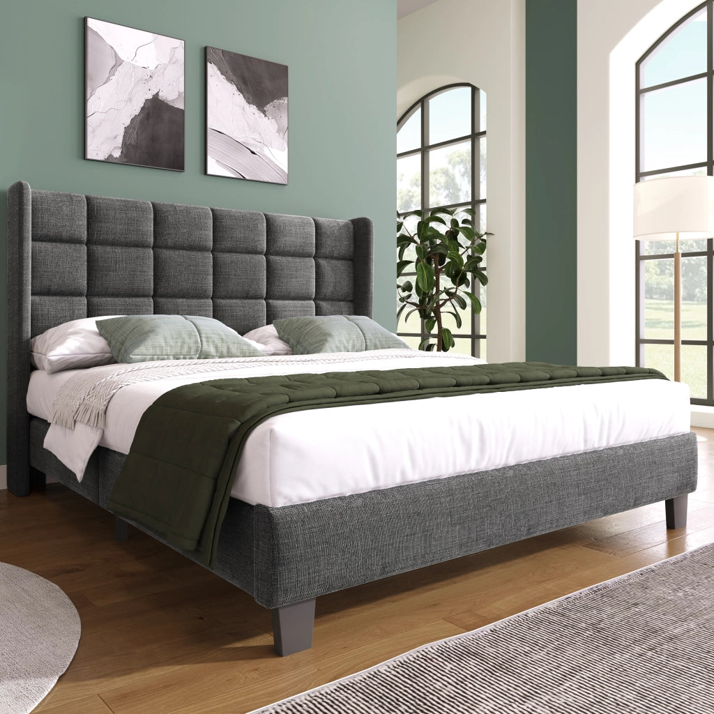 Letto Matrimoniale 140 x 200 cm; Letto Imbottito con Testiera Alta e Rete a Doghe; senza Materasso; Lino Grigio