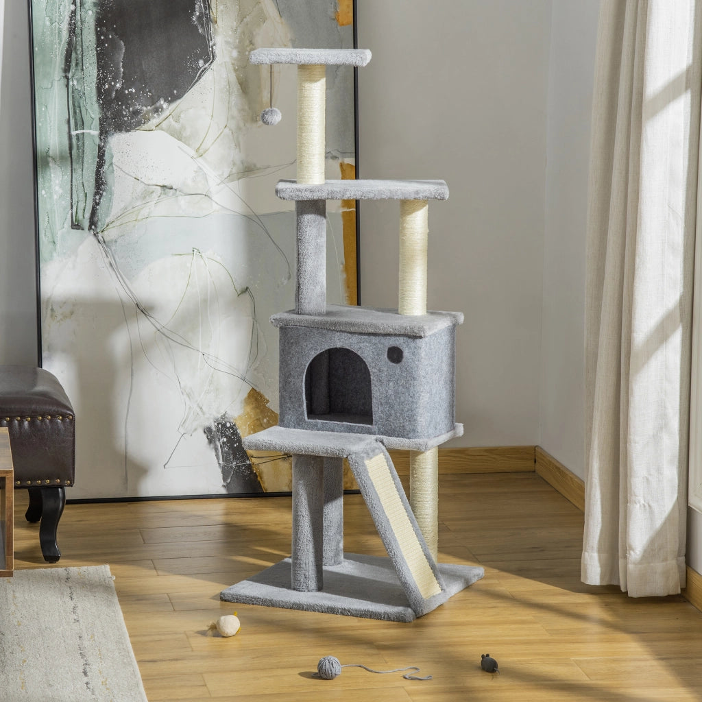 Albero Tiragraffi Multilivello con Casetta. Scala. Pallina e Pali in Sisal. 48x48x125 cm. Grigio
