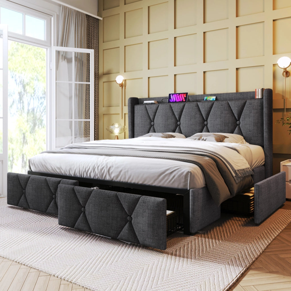 Letto imbottito 160x200 cm con USB; 4 cassetti; tessuto lino grigio