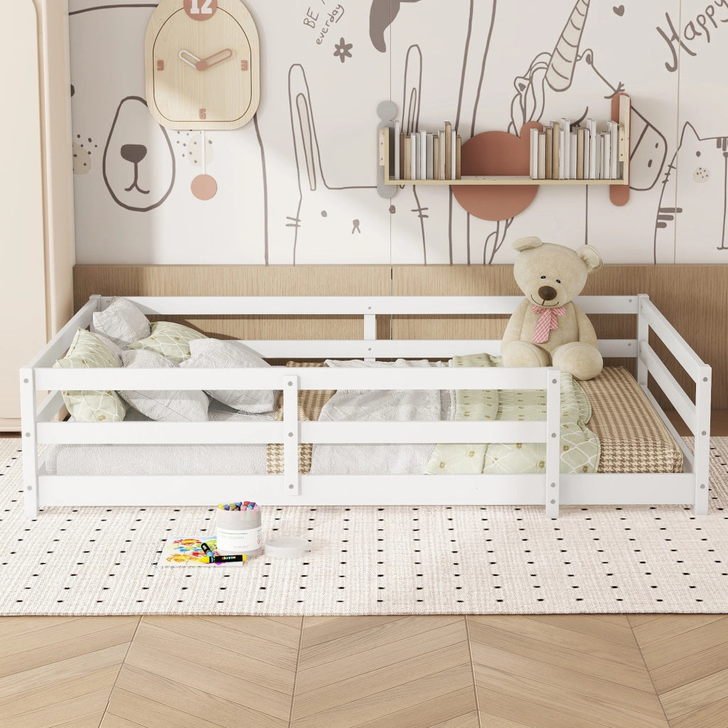 Letto per bambini 140 × 200 cm con barriera a 4 lati, senza materasso, in legno di pino, bianco