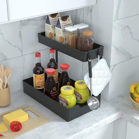 2 Pezzi Organizzatore sotto lavabo Estensione 2 livelli Organizzatore multifunzionale per spazio ristretto sotto lavabo e archiviazione per cucina e bagno