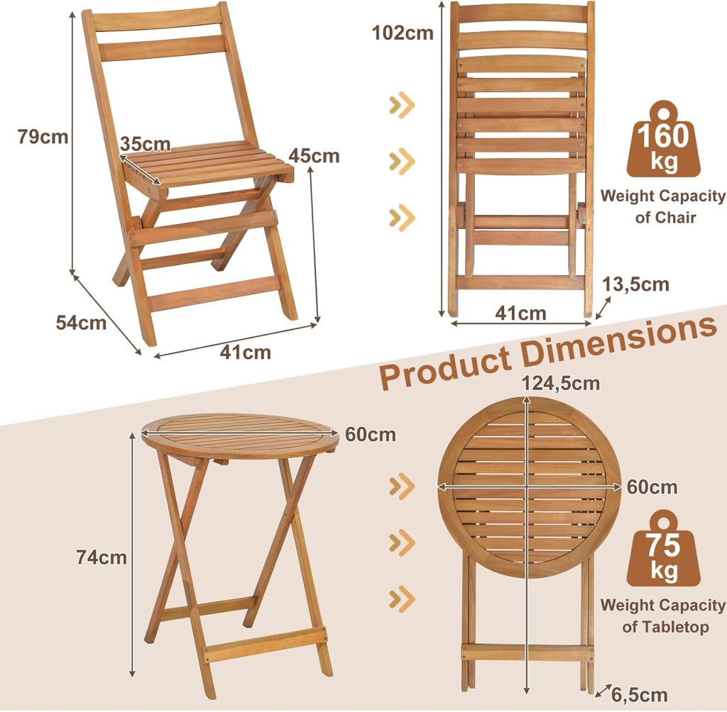 Set da Bistrò Pieghevole, Set da 3 Pezzi in Legno di Acacia, Tavolo Portato 40 kg, Sedie Portato 160 kg, Set Terrazza, Set Tavolo e Sedie da Giardino, Set da Esterno per Balcone, Naturale