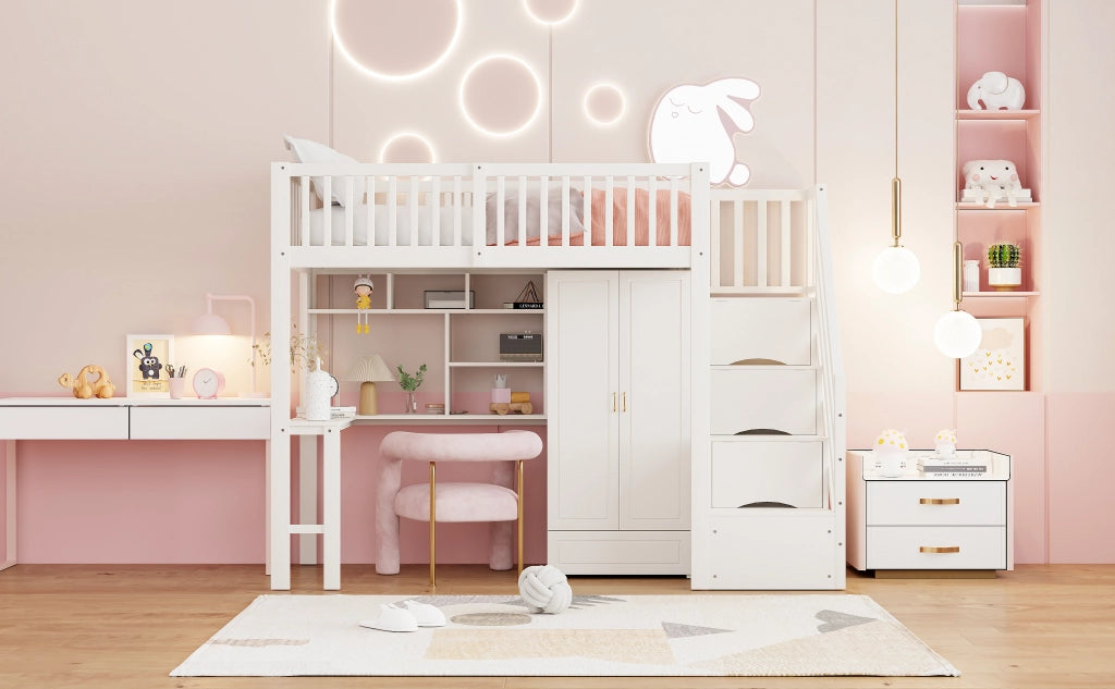 DESMIU Letto a soppalco letto singolo 90 × 200 cm con armadio, scrivania e scala con cassetti, senza materasso