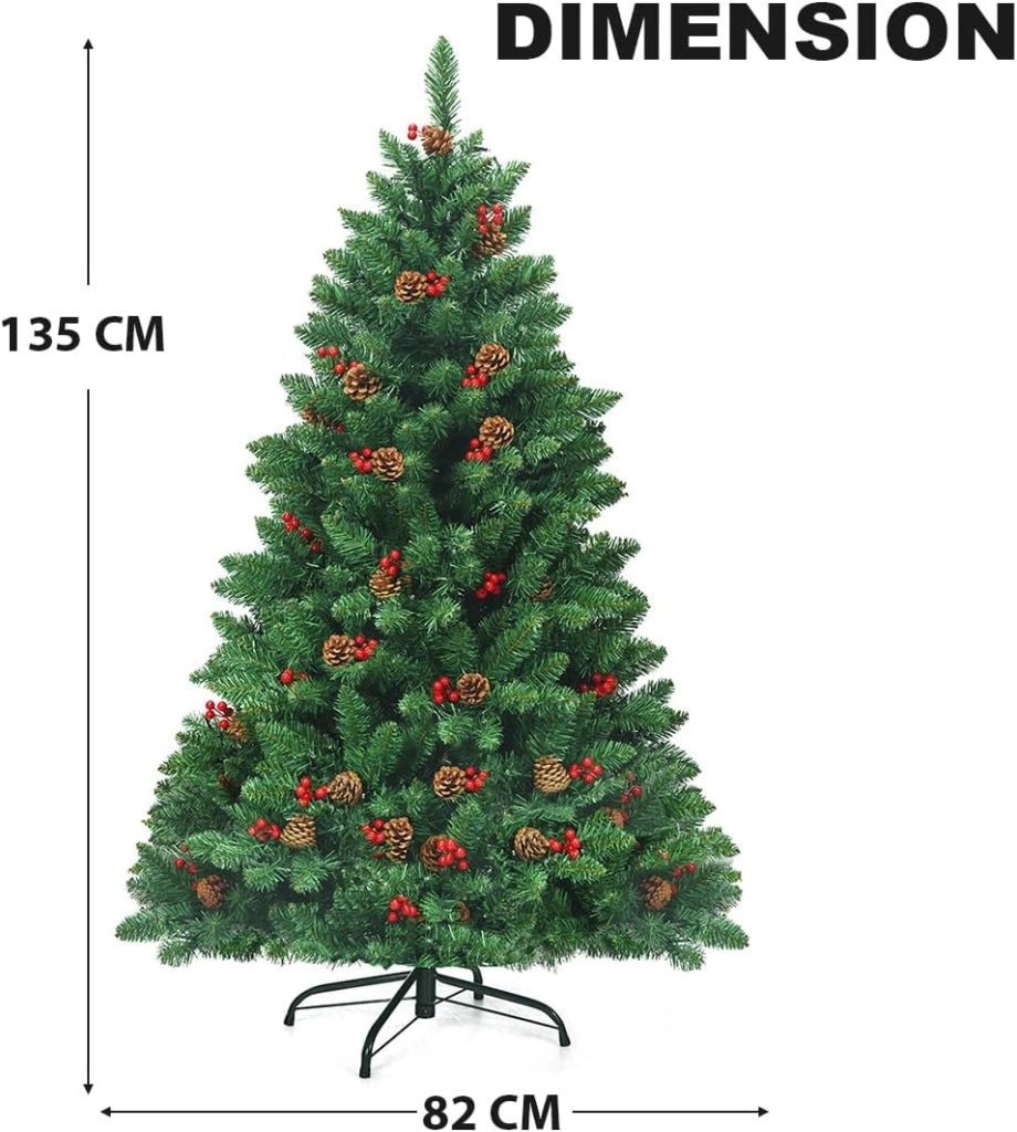 Albero di Natale Artificiale 135/195 cm in PVC, Albero di Natale con Luci LED Incorporate, Mele di Pino e Bacche Rosse, Christmas Tree per Casa, Negozio, Ufficio, Feste (M)