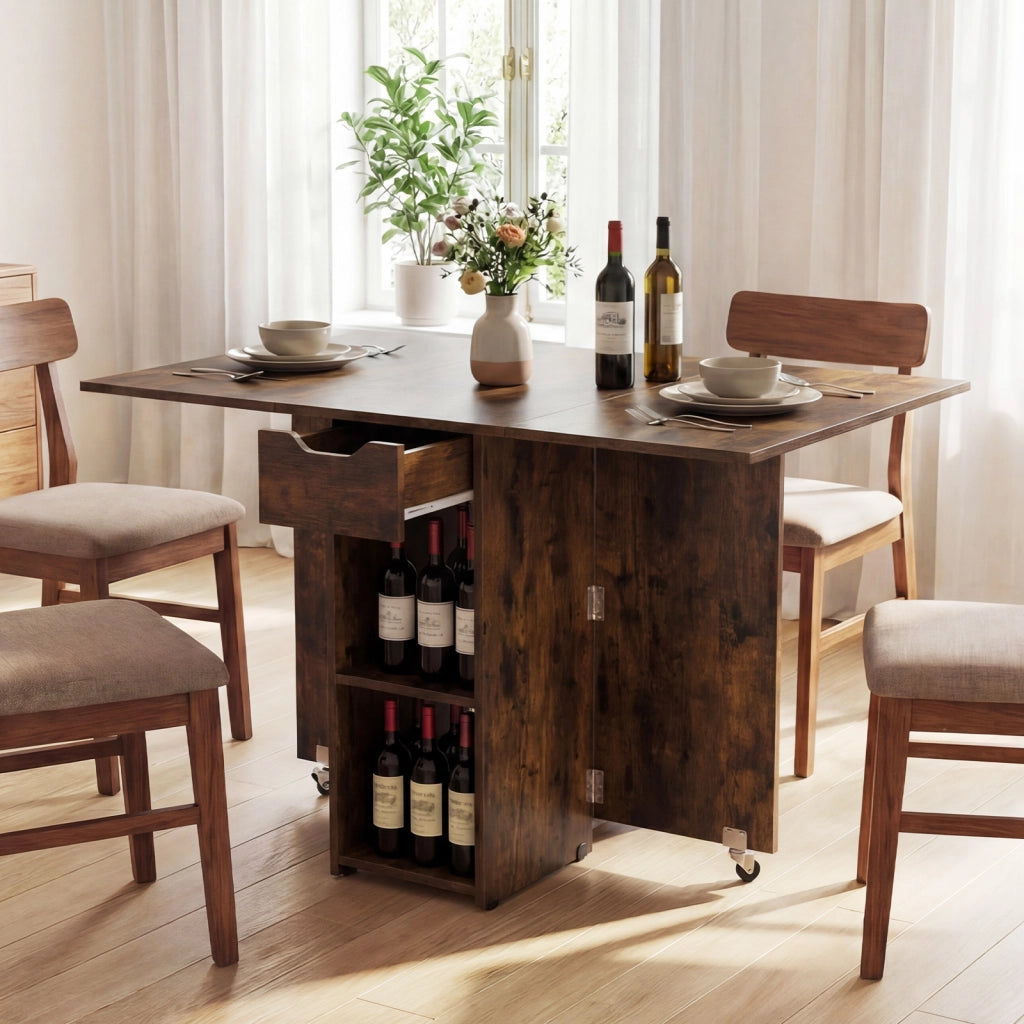 Tavolo pranzo pieghevole 2 ruote ribalta piccoli spazi 2 ripiani-Tavolo cassetto Marrone