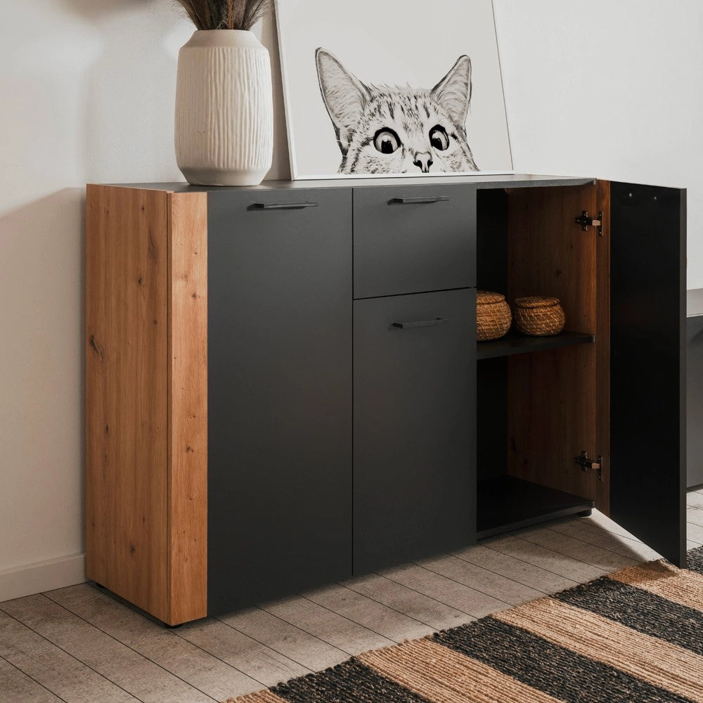 Madia Cento01B con 3 ante e 1 cassetto colore antracite con laterali in rovere artisan 125 cm