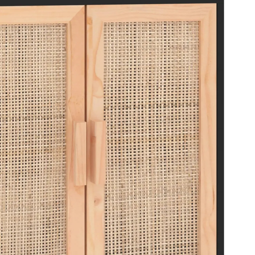 Credenza Nera 60x30x70 cm Legno Massello Pino e Rattan Naturale 345631