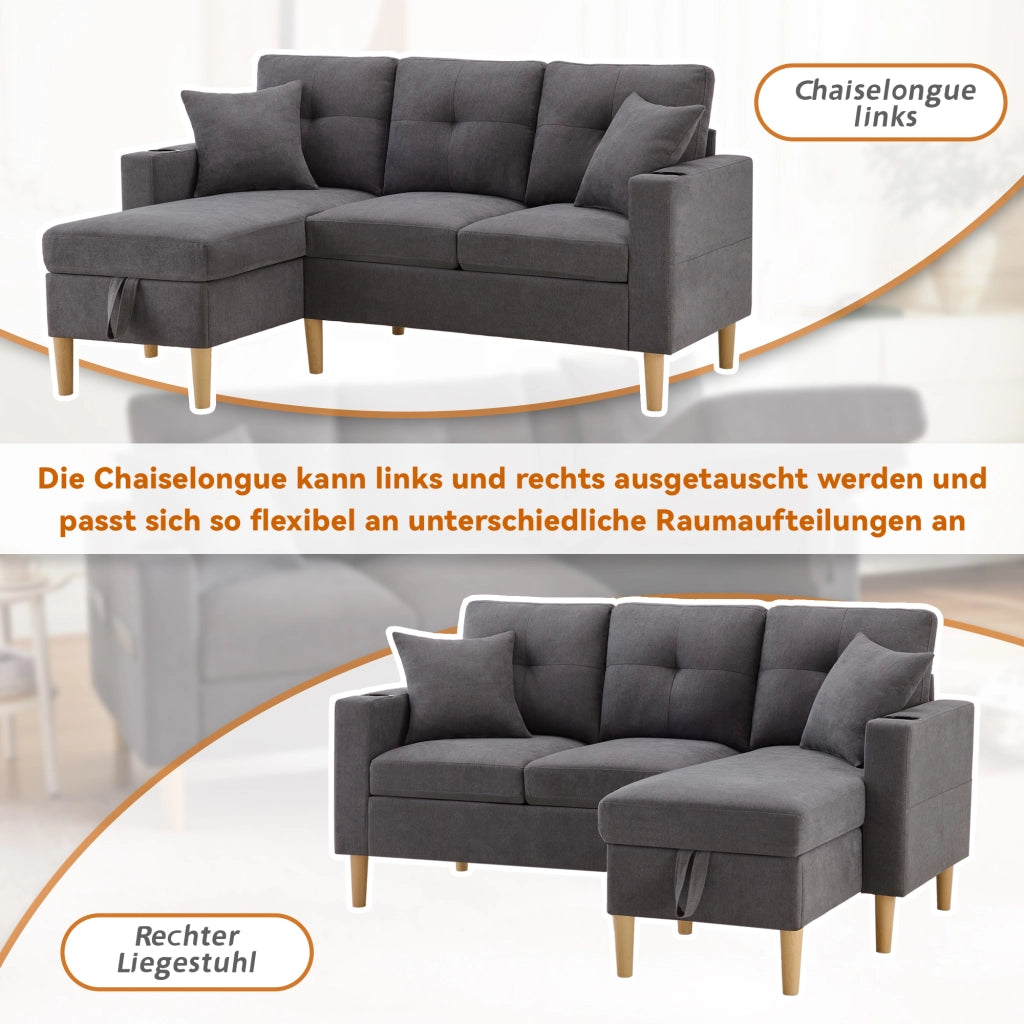 DIVANO angolare con chaise longue 175x129x90 cm grigio scuro in cotone e lino, con contenitore