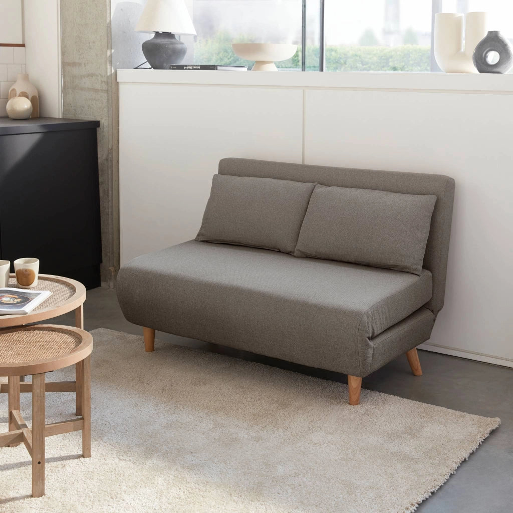 Divano letto in tessuto con gambe in legno, 2 posti, grigio chiaro