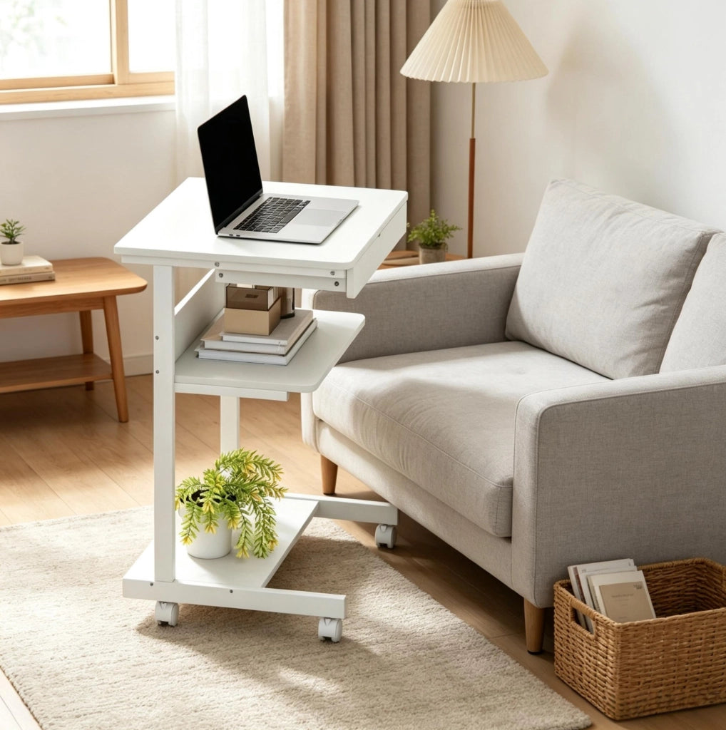 Scrivania per computer bianca con ruote, 56x51x79 cm, con cassetto, ripiano e supporto CPU per ufficio e home office