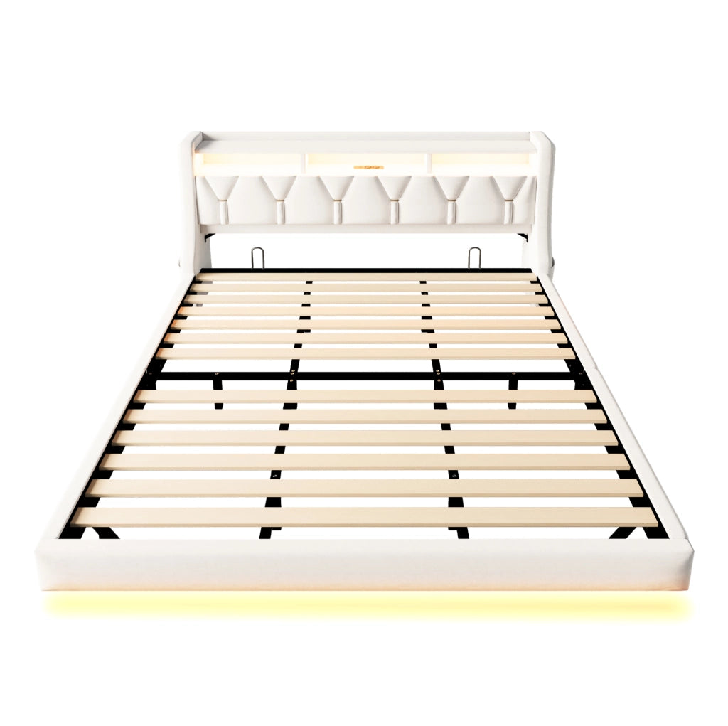Letto imbottito ULEVR 180x200 cm beige con testiera contenitore, LED, prese USB e Type-C in velluto