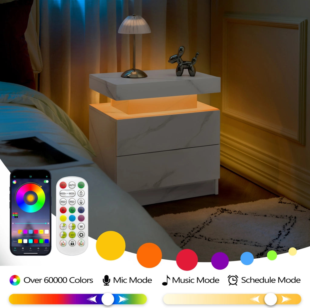 Comodino ULEVR con LED multicolore, 2 cassetti e vano aperto, pannello a base di legno bianco opaco