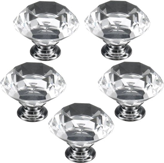 Maniglia a tirare per mobile in vetro cristallo a forma di diamante 40 mm, set da 5 pezzi.