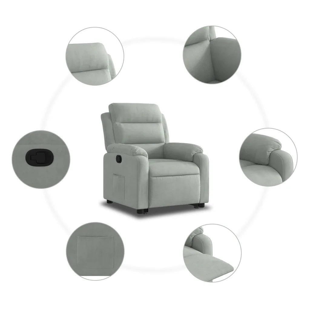 Poltrona | Sedia Relax Alzapersona Reclinabile Grigio Chiaro in Velluto