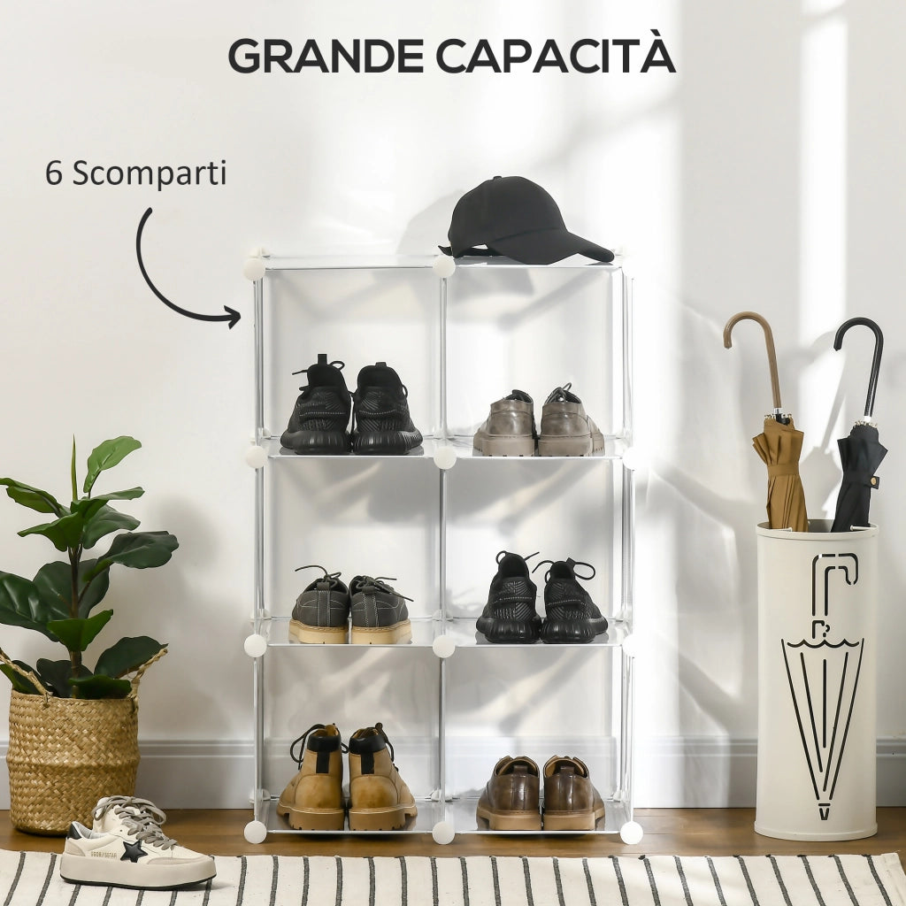 Easycomfort Mobile Scarpiera Modulare Salvaspazio, 6 Cubi in Plastica PP, 65x32x162 cm, Trasparente