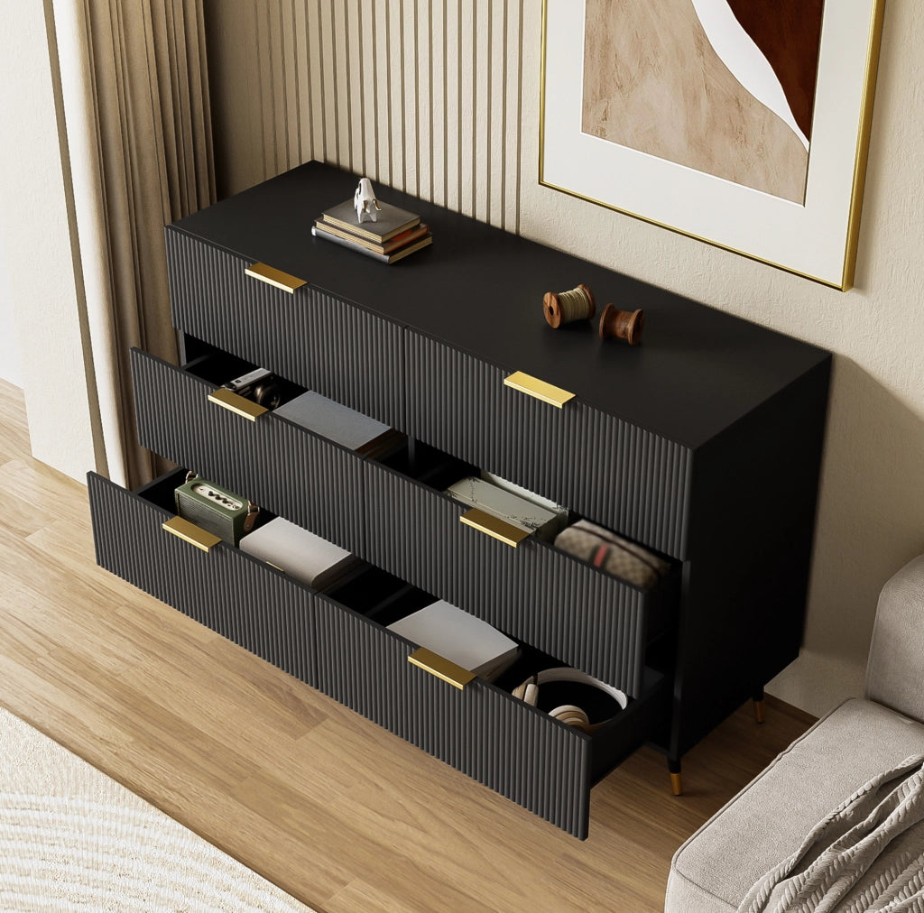 Credenza moderna con 6 cassetti 120x40x77 cm in truciolare nero e oro