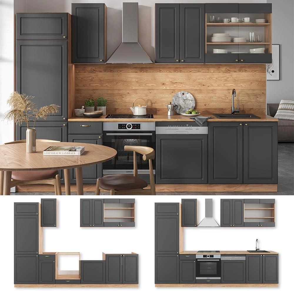 Cucina componibile Fame-Line, Antracite Country House/oro Kraft Oak, 300 cm senza piano di lavoro, adatto per l'espansione modulare individuale e la disposizione flessibile