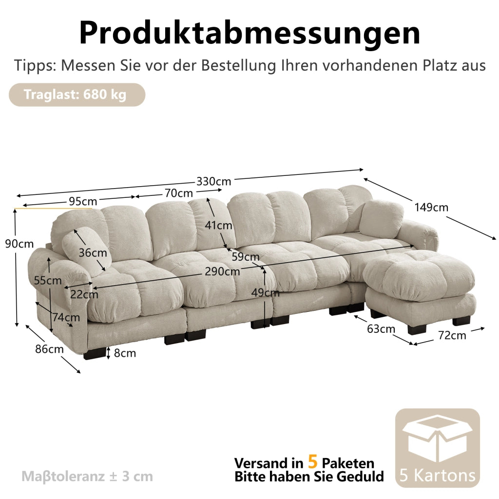 Divano modulare 330x149x90 cm con pouf mobile in ciniglia; kaki chiaro