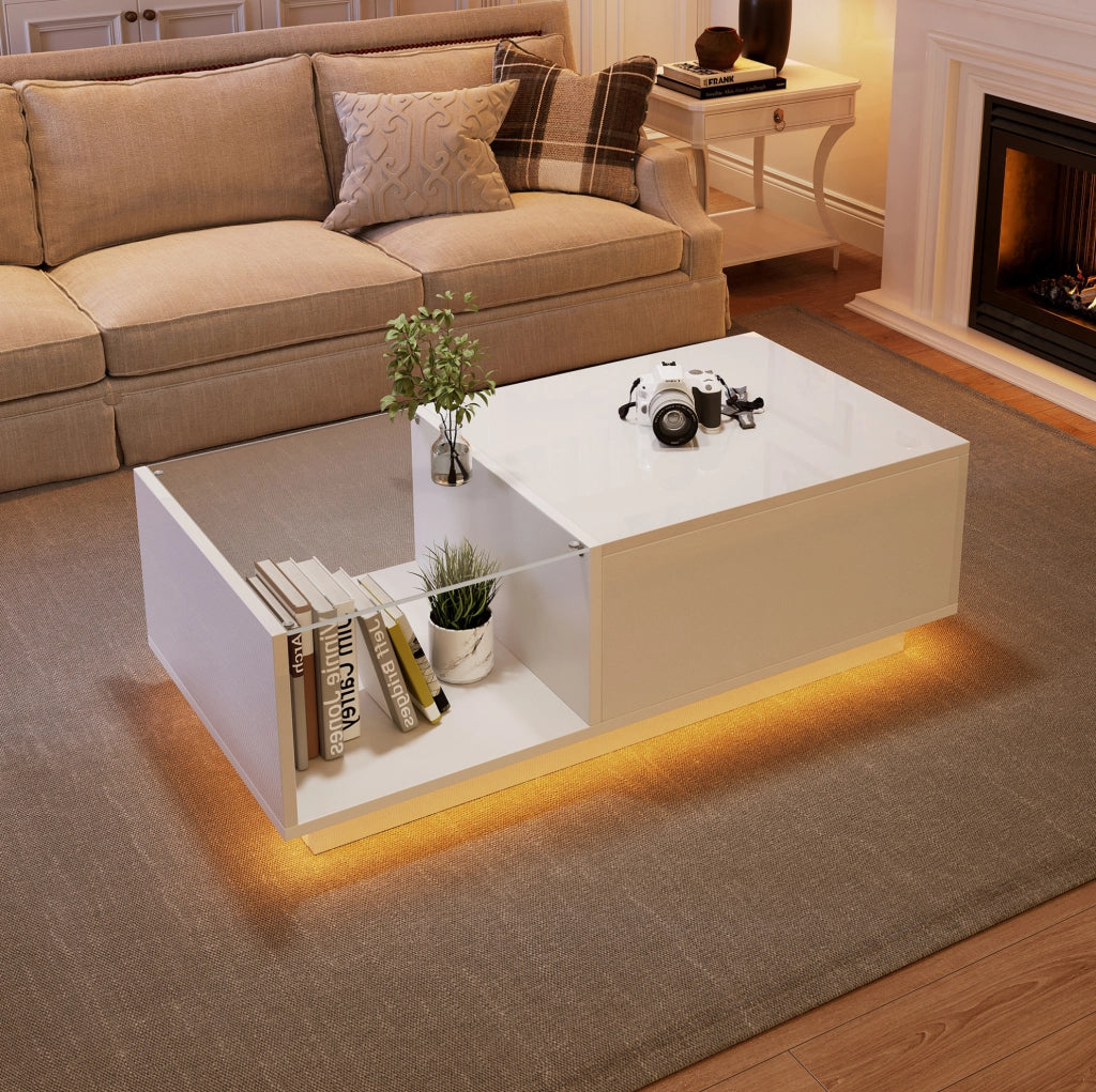 Tavolino da salotto sollevabile con LED smart; 100x50x33 cm; bianco lucido in truciolare