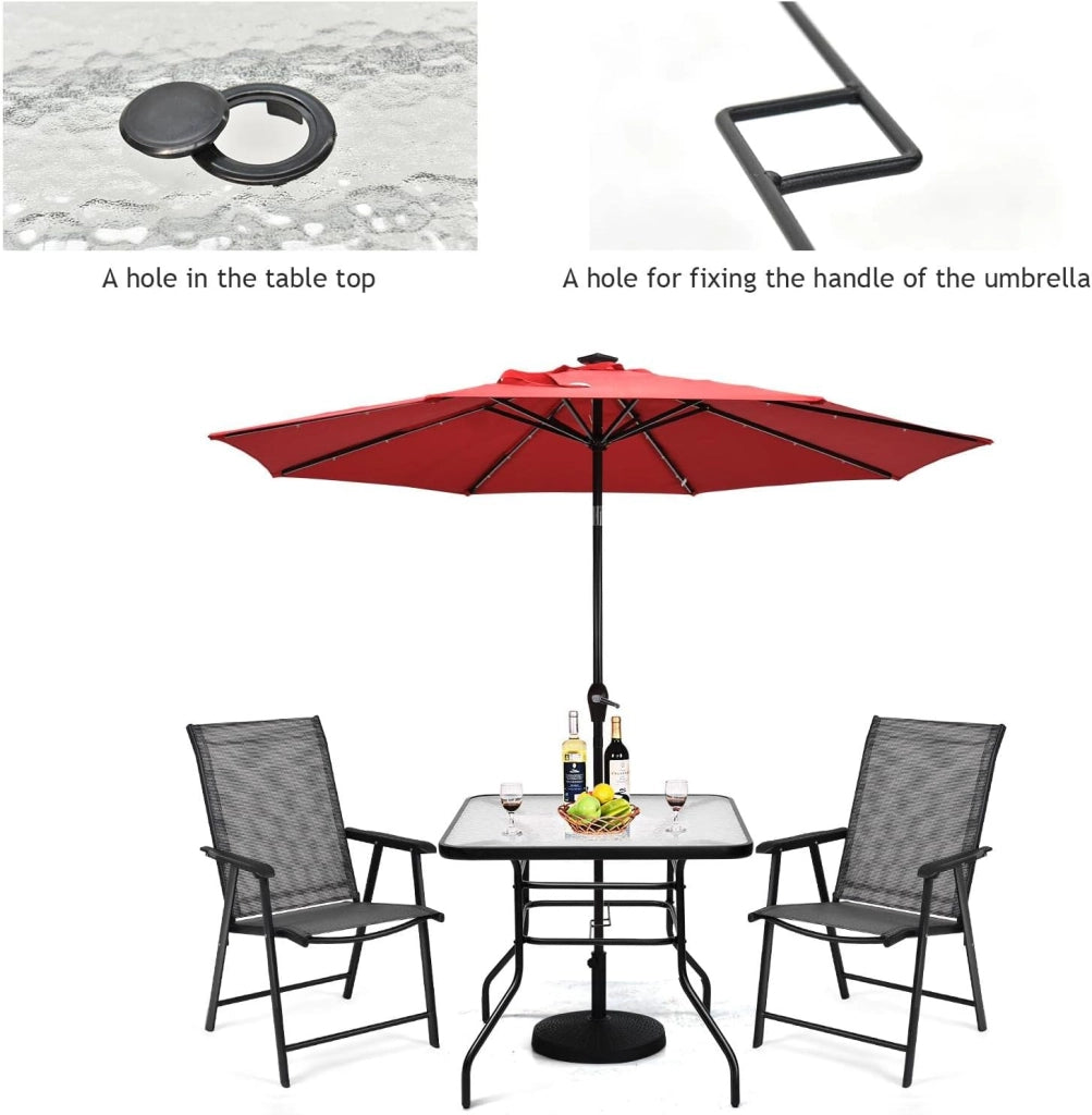 Tavolino Quadrato da Giardino con Foro per Ombrellone, Tavolo da Bistrot con Piano in Vetro e Telaio in Metallo, Tavolo da Caffé Portata fino a 80 kg, per Balcone, Terrazza, Giardino, Nero
