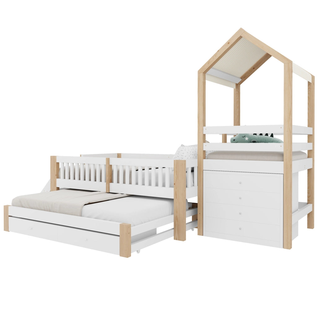 Letto per bambini a casetta con letto estraibile, scala e cassetti