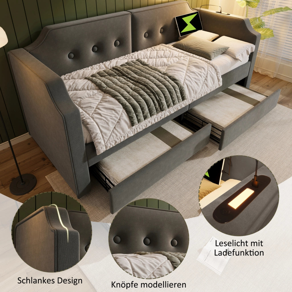 Letto imbottito 90x200 cm in velluto grigio con USB Type-C; luce da lettura e 2 cassetti