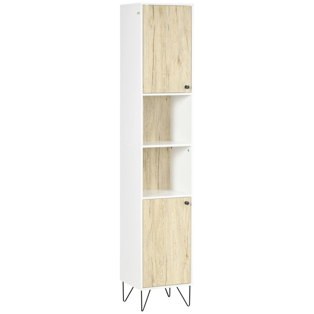Colonna Bagno con 2 Ripiani Aperti e 2 Armadietti in Truciolato. 31.5x30x169 cm. Bianco e color Legno