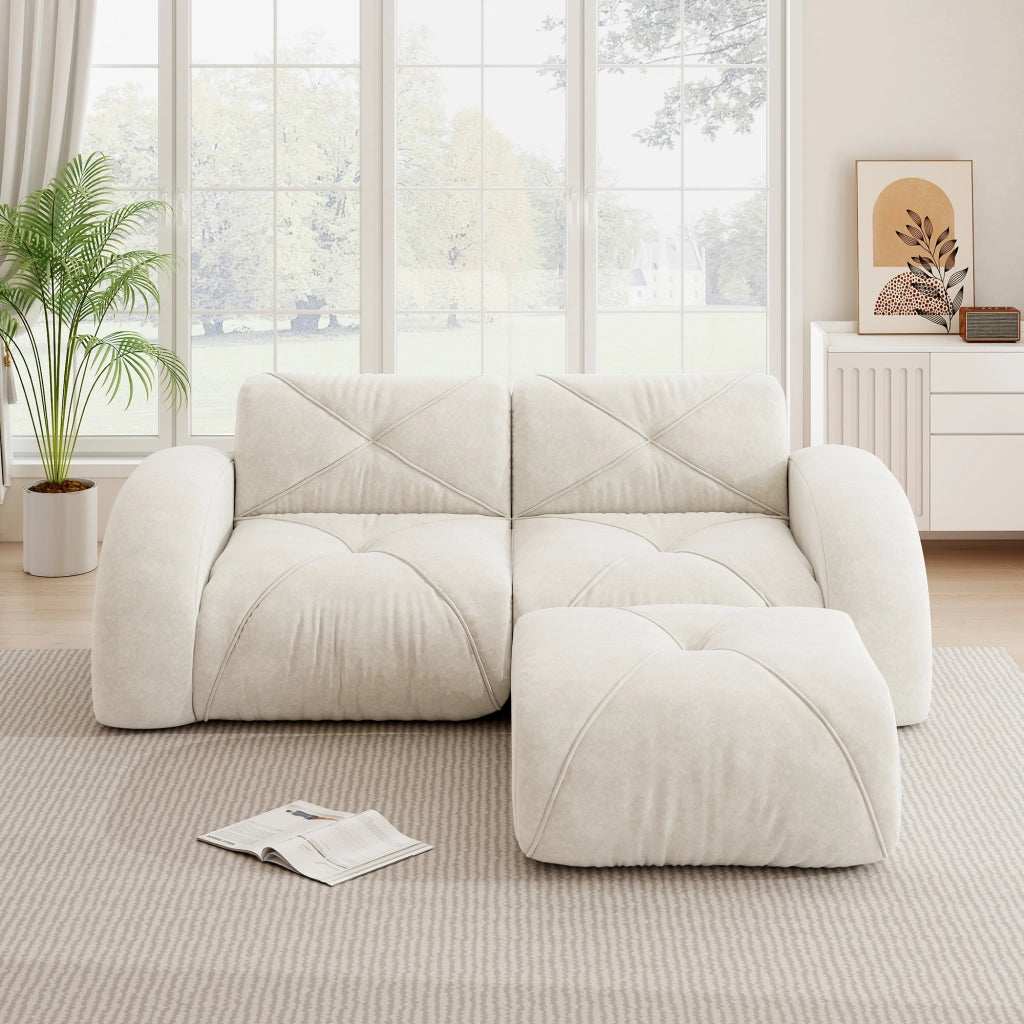 Divano modulare 2 posti con pouf in schiuma 32D ad alta densità senza struttura ciniglia beige chiaro 204 × 171 × 76 cm