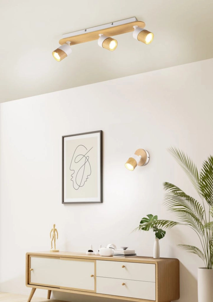 Barra 3 faretti orientabili. metallo, bianco e naturale, L 48 cm, Aruni