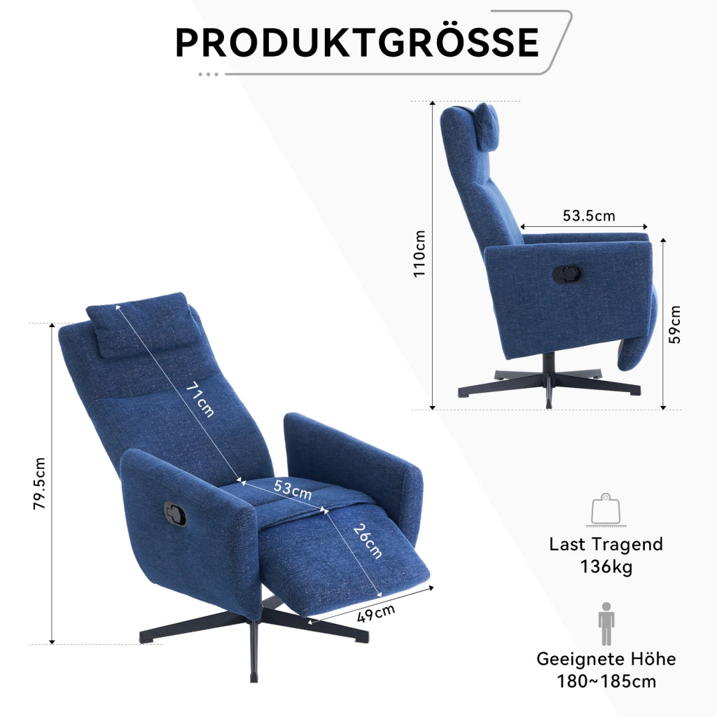 Poltrona Relax Reclinabile con Poggiapiedi ¨C Xylo ¨C Tessuto Chenille Blu, Girevole
