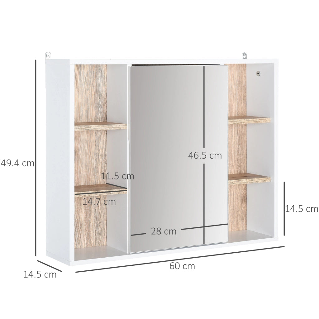 Armadietto con Specchio in MDF e Truciolato con 3 Ripiani Laterali e Ripiano Regolabile Interno. 60x14.5x49.4 cm