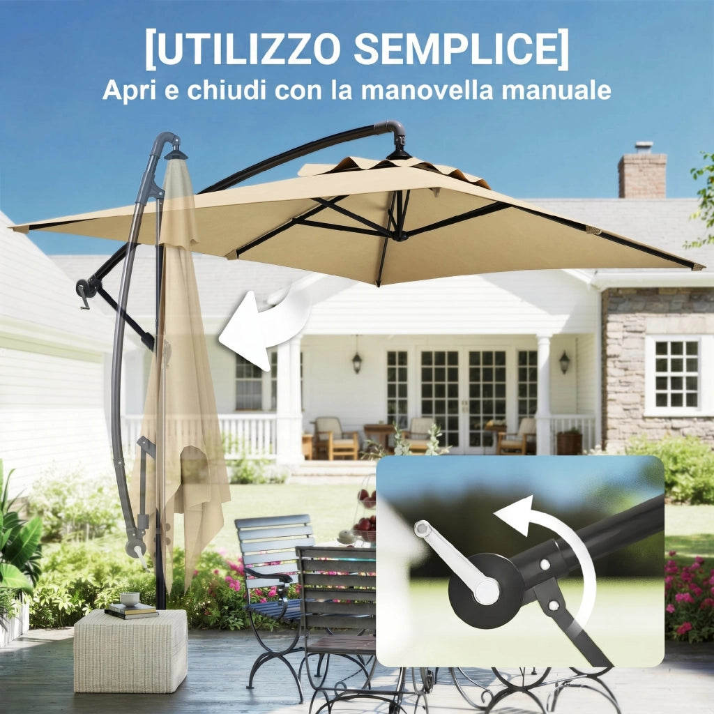 Ombrellone da Giardino Decentrato con Base a Croce e Apertura a Manovella, 294x193cm, Beige