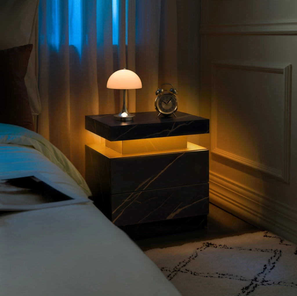 Comodino nero e oro in legno ingegnerizzato, LED regolabili con 2 cassetti