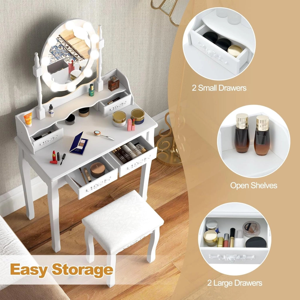 Tavolo da toeletta con specchio, 1 sgabello, specchio girevole a 360° con 10 LED, 3 colori di luce, tavolo da trucco con 4 cassetti, parte superiore mobile, tavolino in legno, bianco
